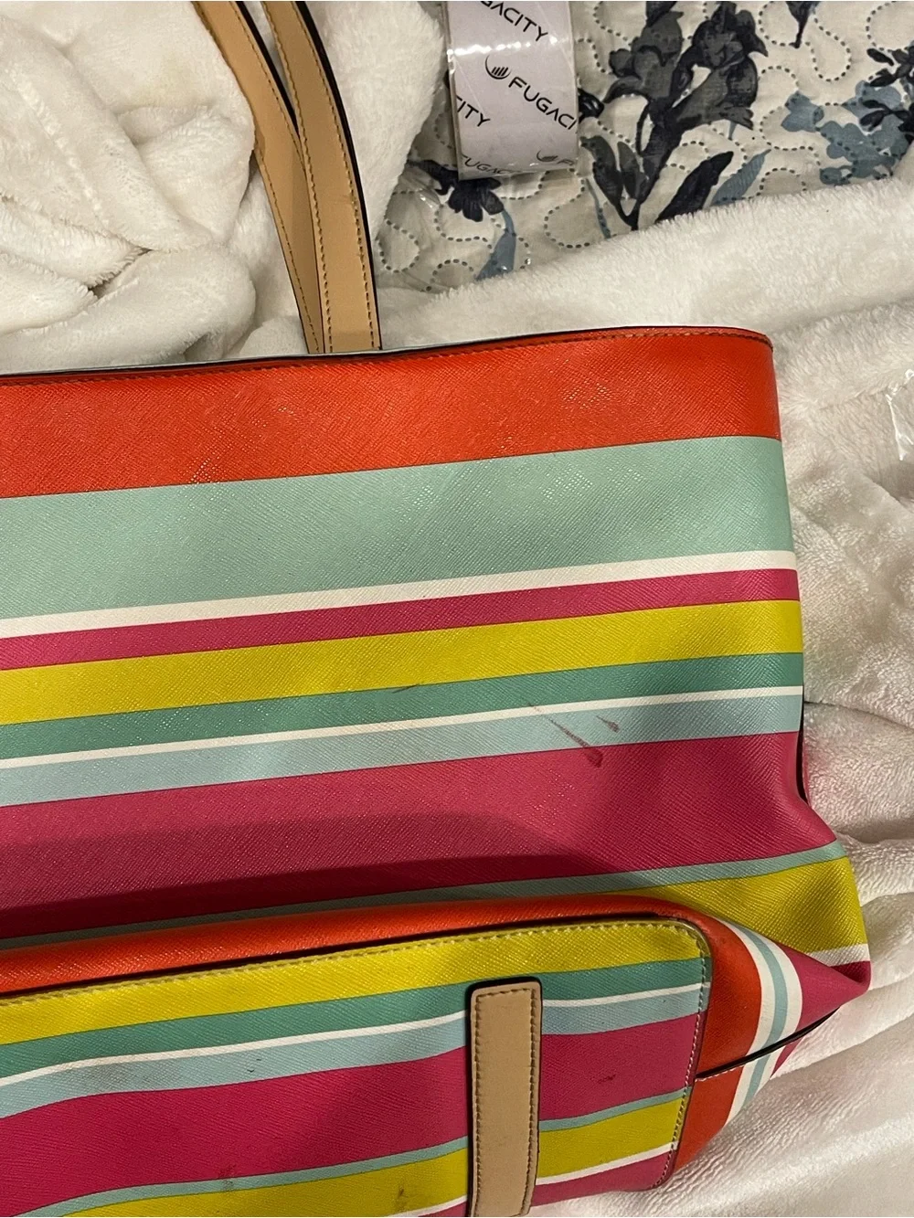 kate spade Coral, Pink & Mint Striped Tote with Tan Handles